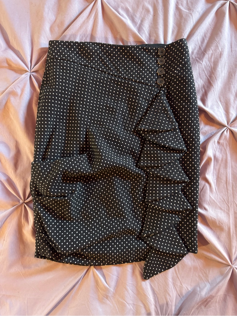Anthropologie Eva Franco Black Polka Dot Ruffle Pencil Skirt SZ 0